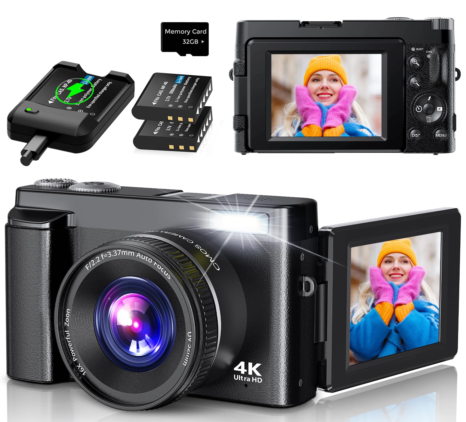 4K Digital Camera for Photography Autofocus, 2025 Latest 48MP Vlogging Camera for YouTube with SD Card, 2 Batteries, 3" 180°Flip Screen Compact Travel Camera for Teens with 16X Zoom, Anti-Shake, Black