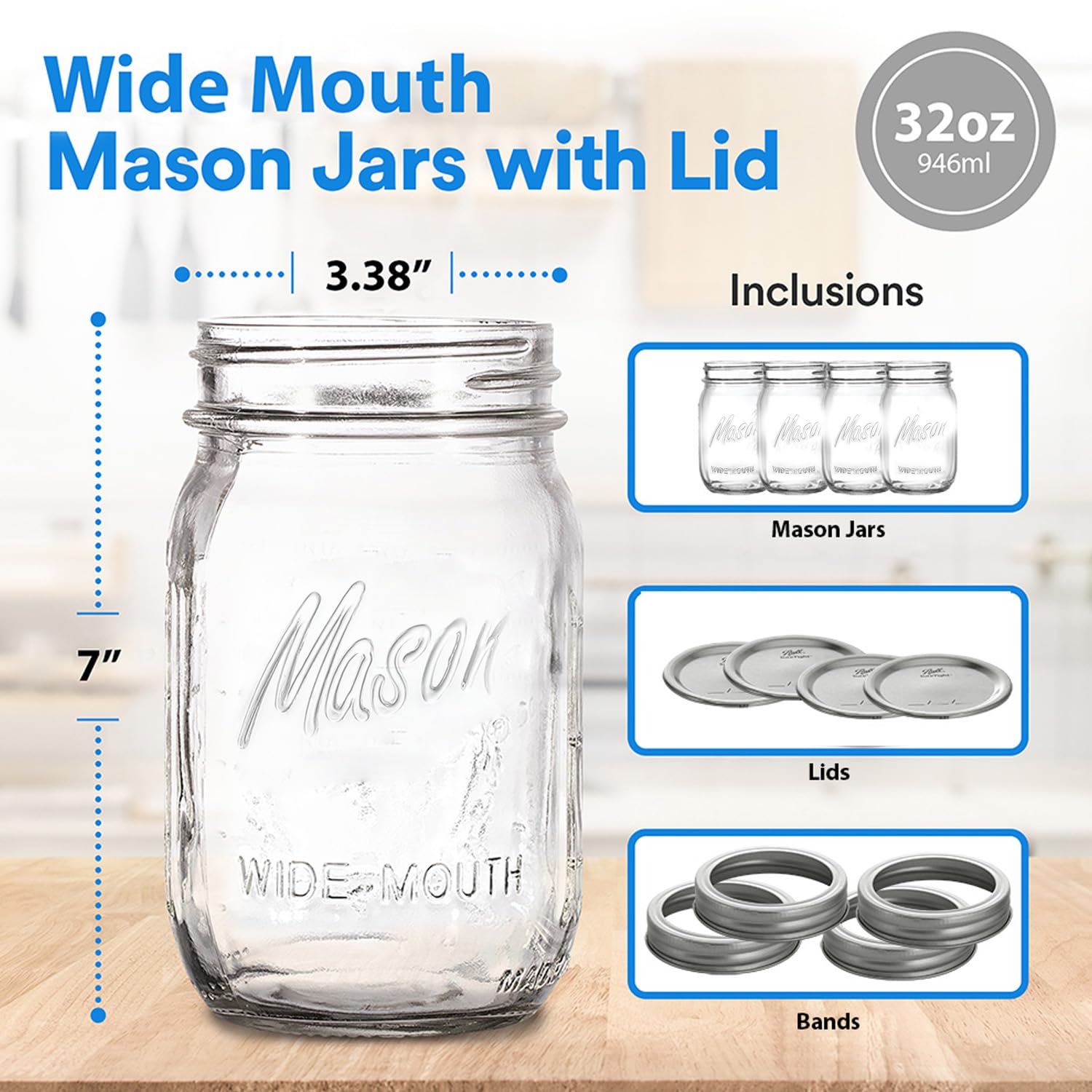 CAMDEPOSU Mason Potten met brede opening 32 oz - (4 stuks) Ball Quart met luchtdichte deksels en banden voor inblikken, fermenteren, beitsen, invriezen, opslag glazen pot, magnetron en