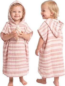 Konssy Toddler Beach Towel with Hood, 100% Cotton Muslin Hooded Towel Poncho for Kids 0-3 Years, Quick Dry Swim Pool Cover Up for Baby Boys Girls, Absorbent Bath Towel with Front Pocket