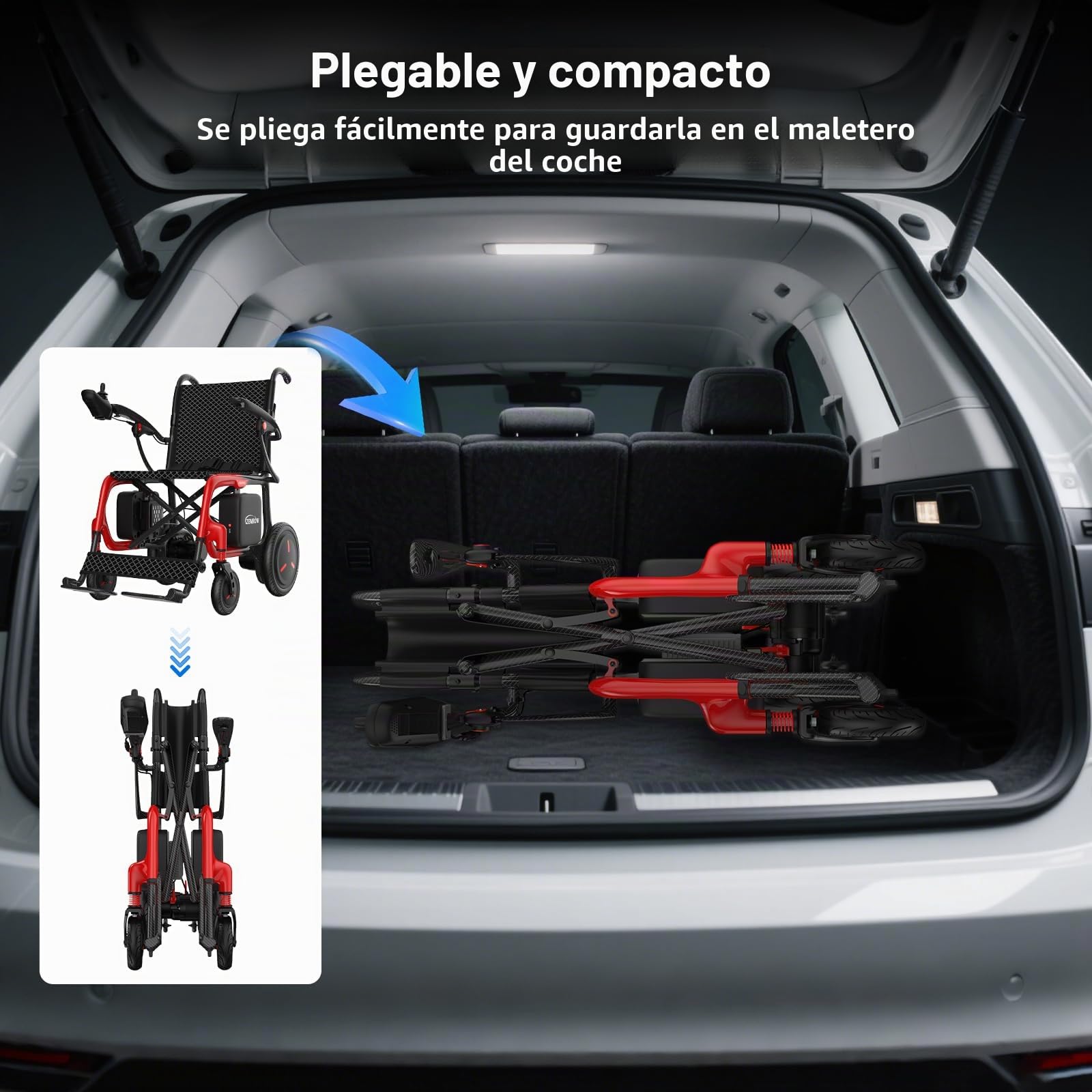 Carbono Silla de Ruedas Eléctrica Plegable Ligera con Doble Pila: 29 km Silla de Ruedas Eléctrica con Neumáticos a Prueba de Pinchazos, Hasta 150kg