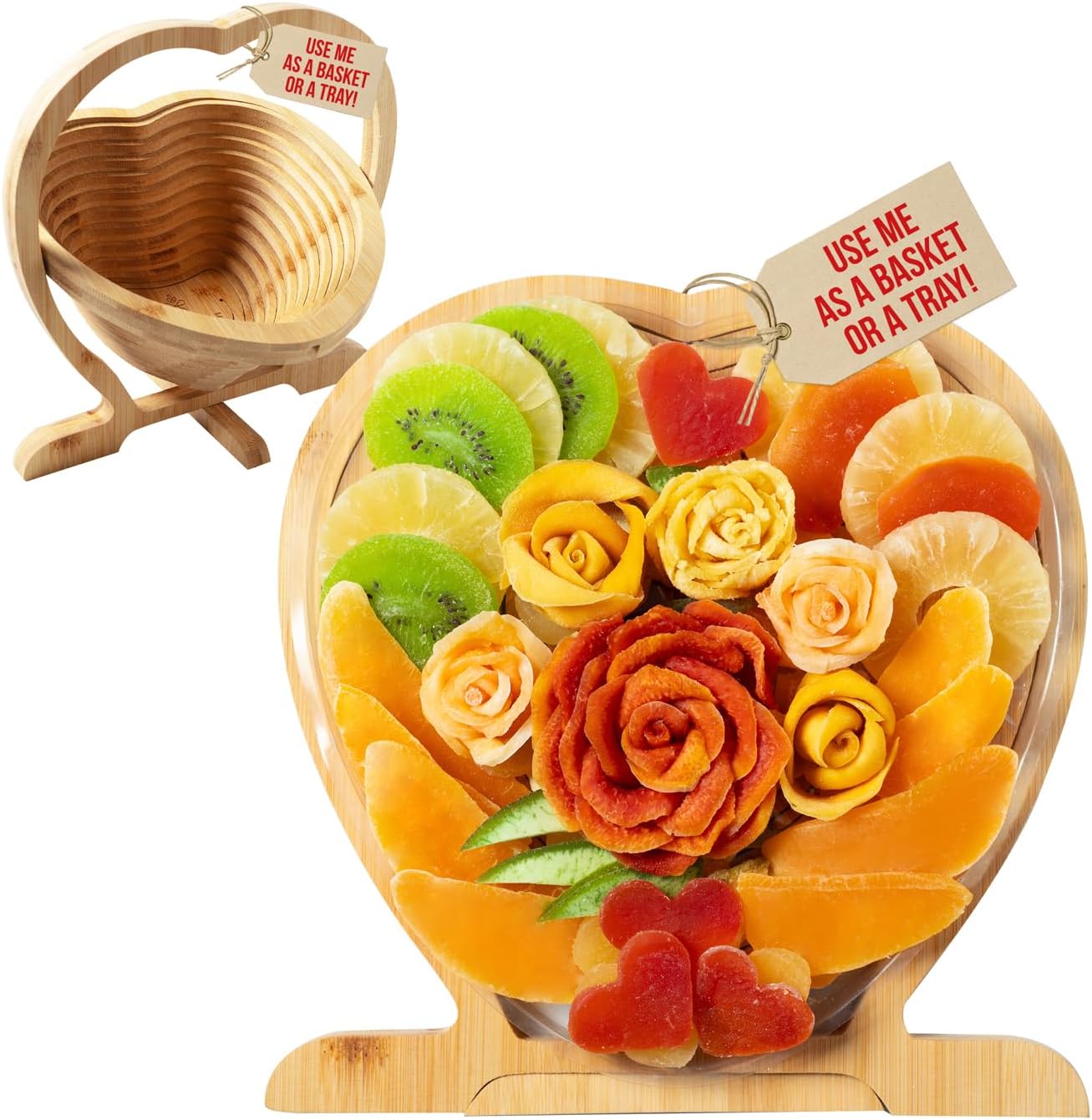 Dried Fruit Gift Basket- Heart Shaped Food Tray- Gourmet Assortment of Premium Tropical Fruits in Reusable Bamboo Heart Basket – Healthy Holiday Snack Gift for Thanksgiving, Christmas, Corporate Gifting- Bonnie and Pop