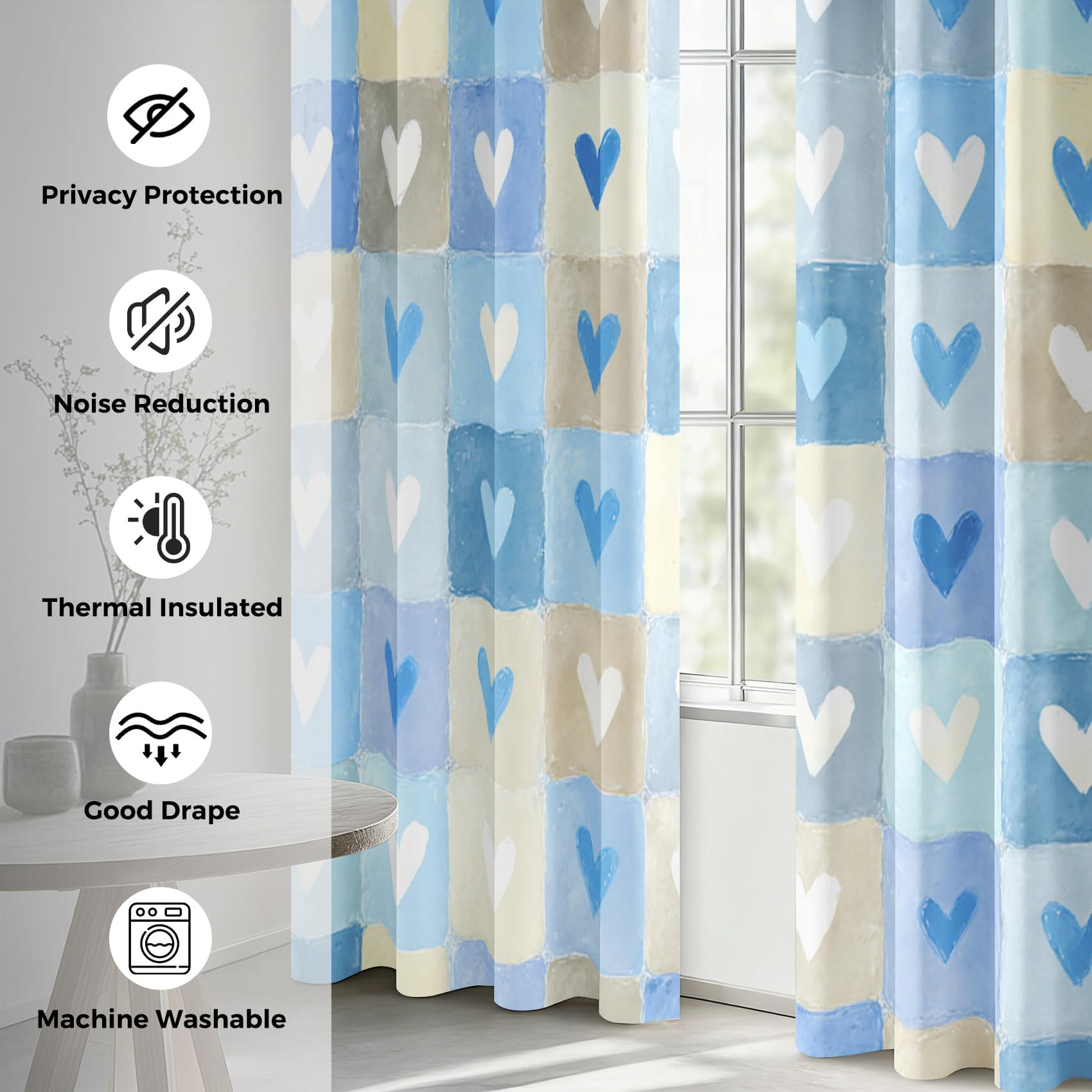 Karierte Herzvorhänge 117 x 229 cm (B x H) Blaue Herz Blickdicht Vorhänge für Wohnzimmer und Schlafzimmer, Thermovorhang 2er Set