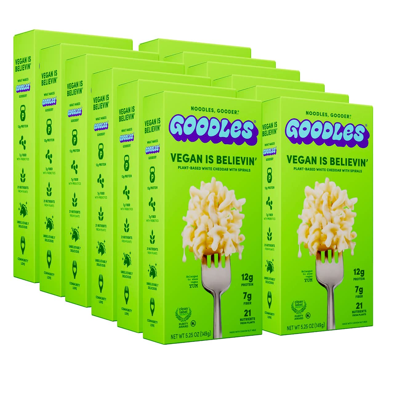 Goodles Vegan Is Believin’ Mac & Cheese 12-Pack, 5.25oz - 12g Protein, 7g Fiber with Prebiotics, 21 Nutrients - Kosher and Clean Label Certified