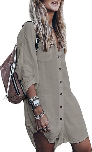 Women’s Swimsuit Cover up,Silky Button Down Shirt Midi Dress Kimono,Summer Bathing Suit Beach Coverups for Women (CP-Aline)