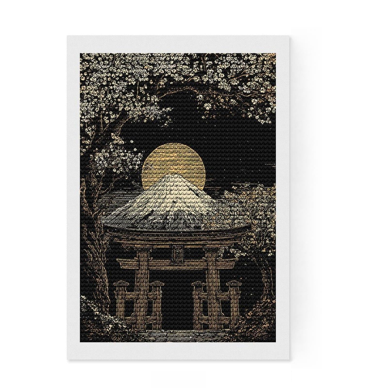 Junmoney Mount Fuji and Torii Gate Illustration DIY Diamond Art Canvas Kit 8"x12", for Teens, Pleasing Wall Art Project, Aesthetic Room Decor, Christmas Gift