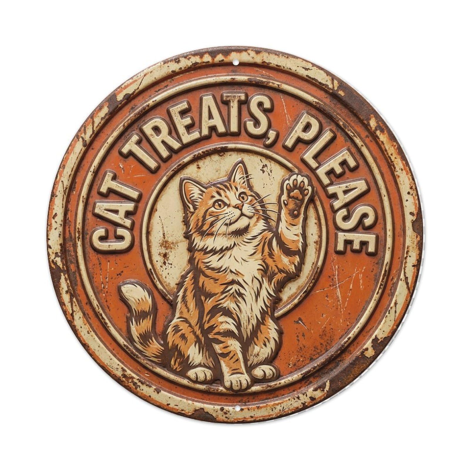 Cat Treats Please Purr Metal Tin Sign Plaque Wall Decor for Cafe, Club Bar, Office, Home Garden Round Metal Poster 8x8Inch