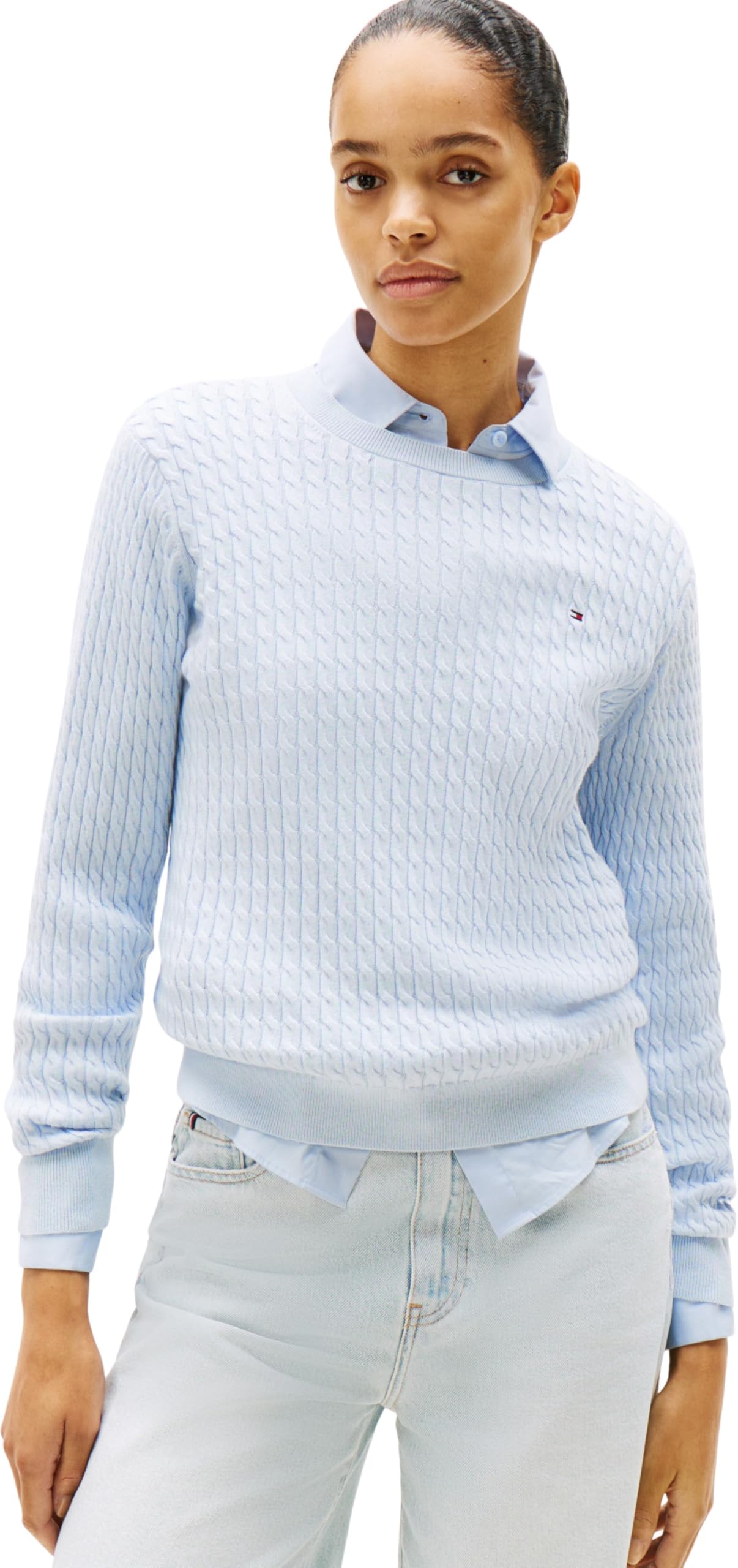 Tommy Hilfiger Women’s Fine Cable Knit Jumper, Blue (Breezy Blue), XL