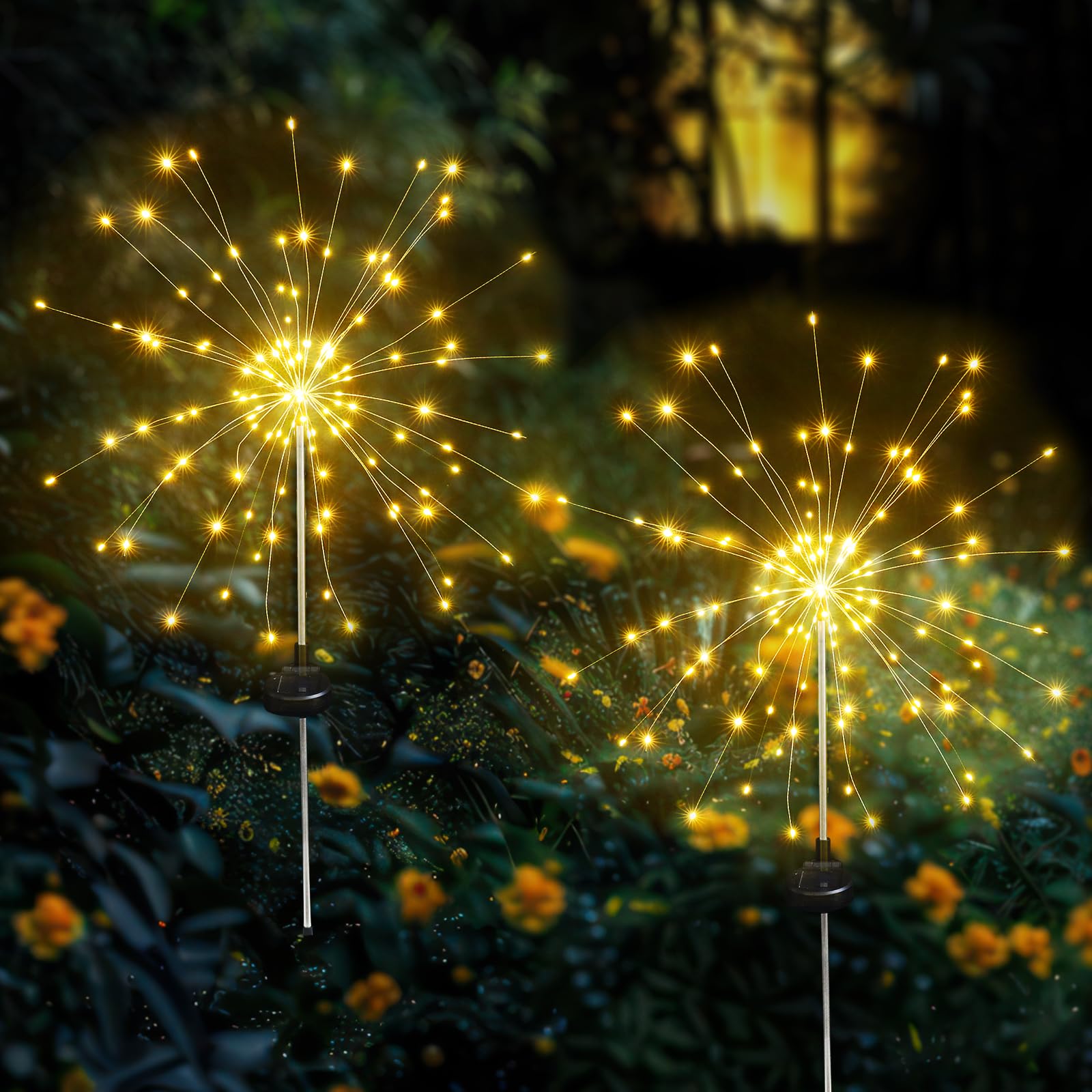 Solar Garden Firework Lights Outdoor Waterproof, 2 Pack Solar Lighting with 8 Lighting Modes, 120 LED Sparklers String Lights for Outside Decor Yard Pathway Decorations(Warm)