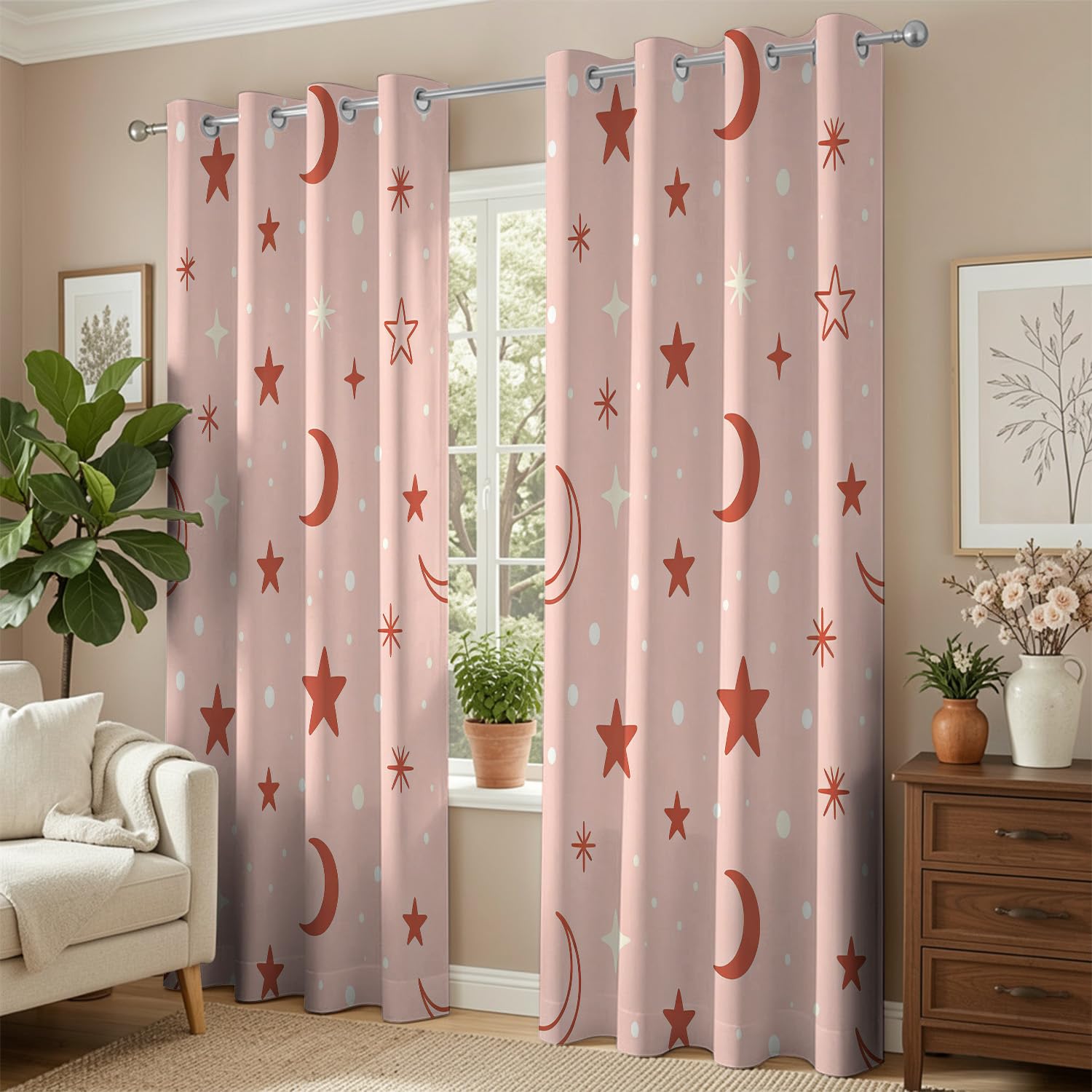 Rideaux Occultants Ciel étoilé Rose Imprimés 3D à Oeillets, Lot de 2