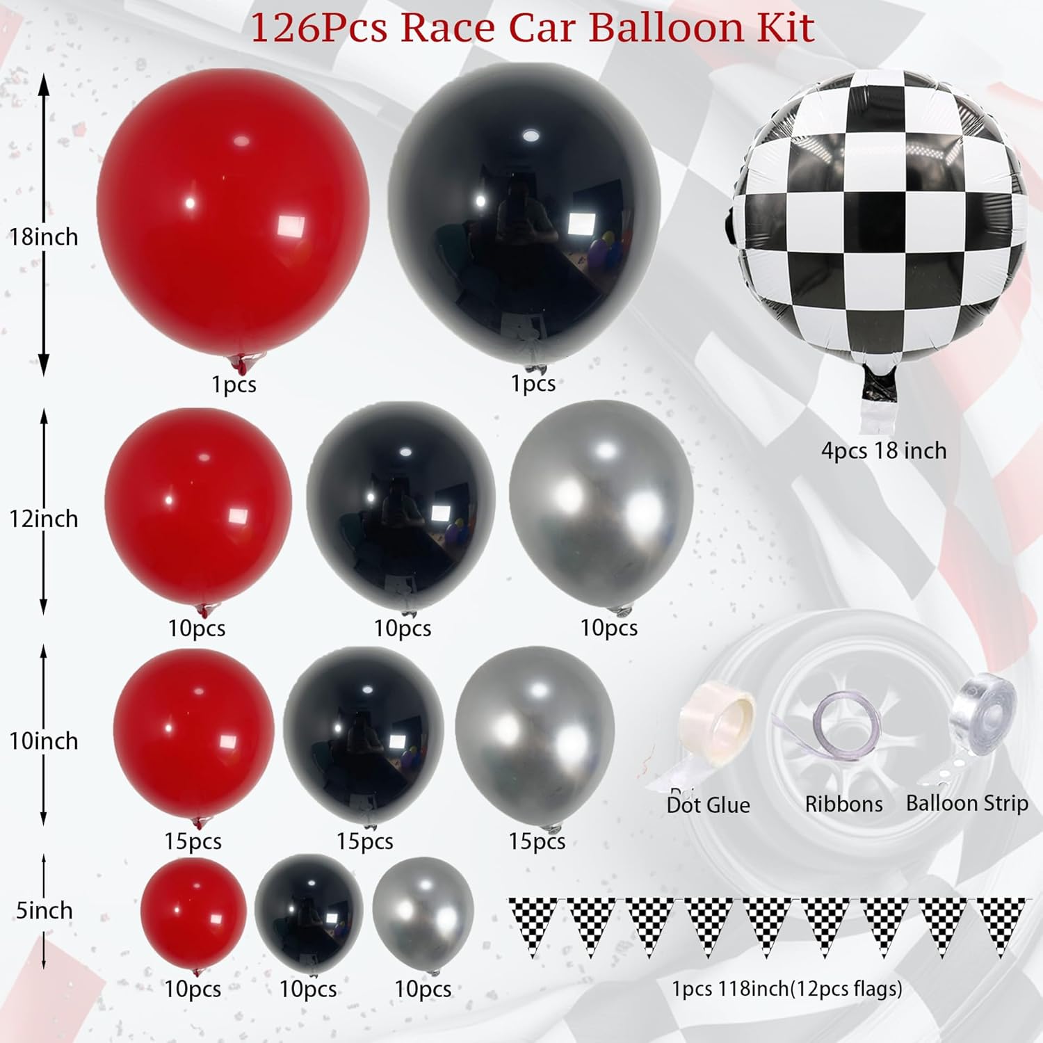 Race Car Balloon Arch Garland Kit 126Pcs Red Black and Metallic Silver Balloons with Checkered Foil Balloons and Checkered Flag Banner for Two Fast Birthday Party Decorations - Image 2