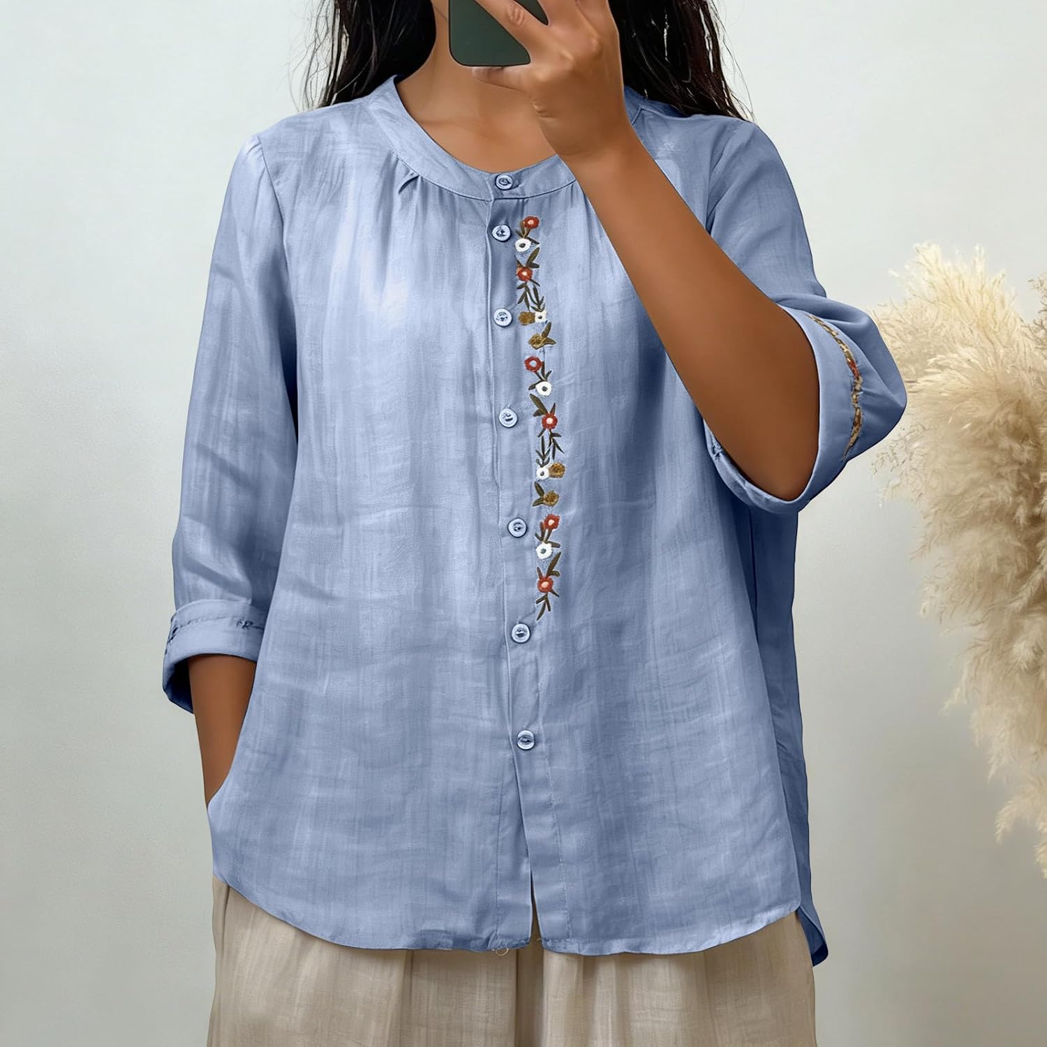3/4 Sleeve Cotton Linen Blouses for Women Crew Neck Floral Embroidered Tops Loose Vacation Boho Peasant Gauze Shirts