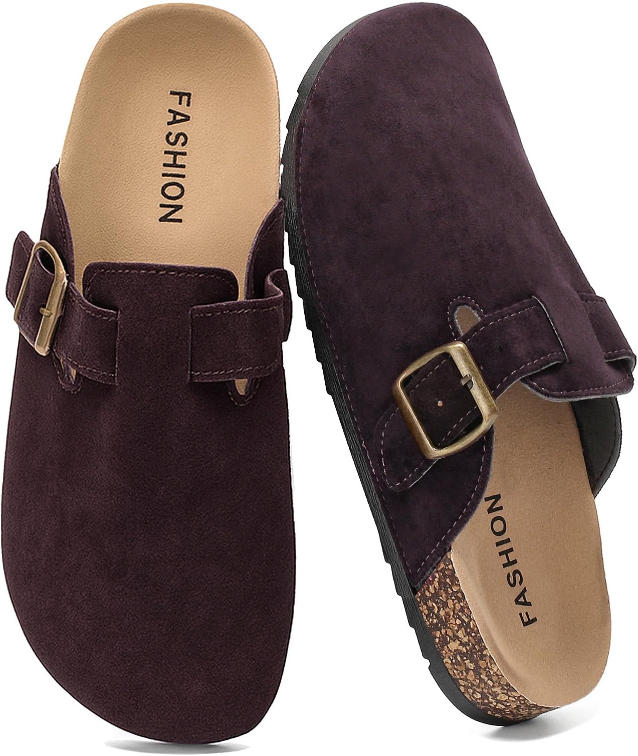 Womens Mens Suede Clogs Leather Mules with Arch Support, Adjustable Buckle Slip On Cork Footbed Sandals Orthopedic Sandals for Women
