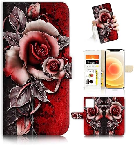 Funda con tapa para iPhone 12, diseño artístico, diseño de flores, protección de cuerpo completo AD003 (# 24878 rojo gótico rosa)