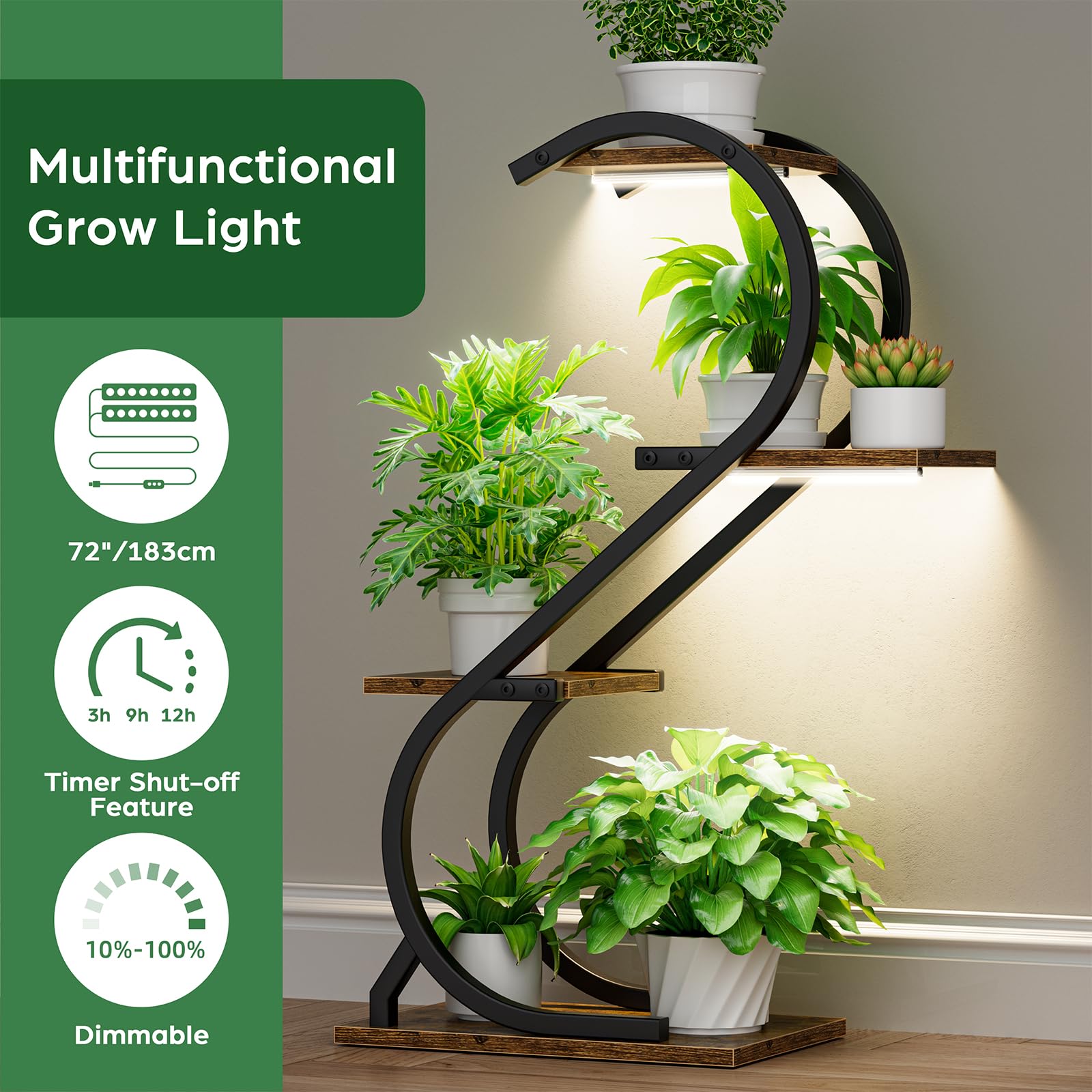 BACEKOLL Supporto per piante con luce di crescita - 8 ripiani, scaffale per fiori 124 cm, in metallo e legno, scaffale per piante - per interni ed esterni, scala portafiori - Scaffale decorativo nero
