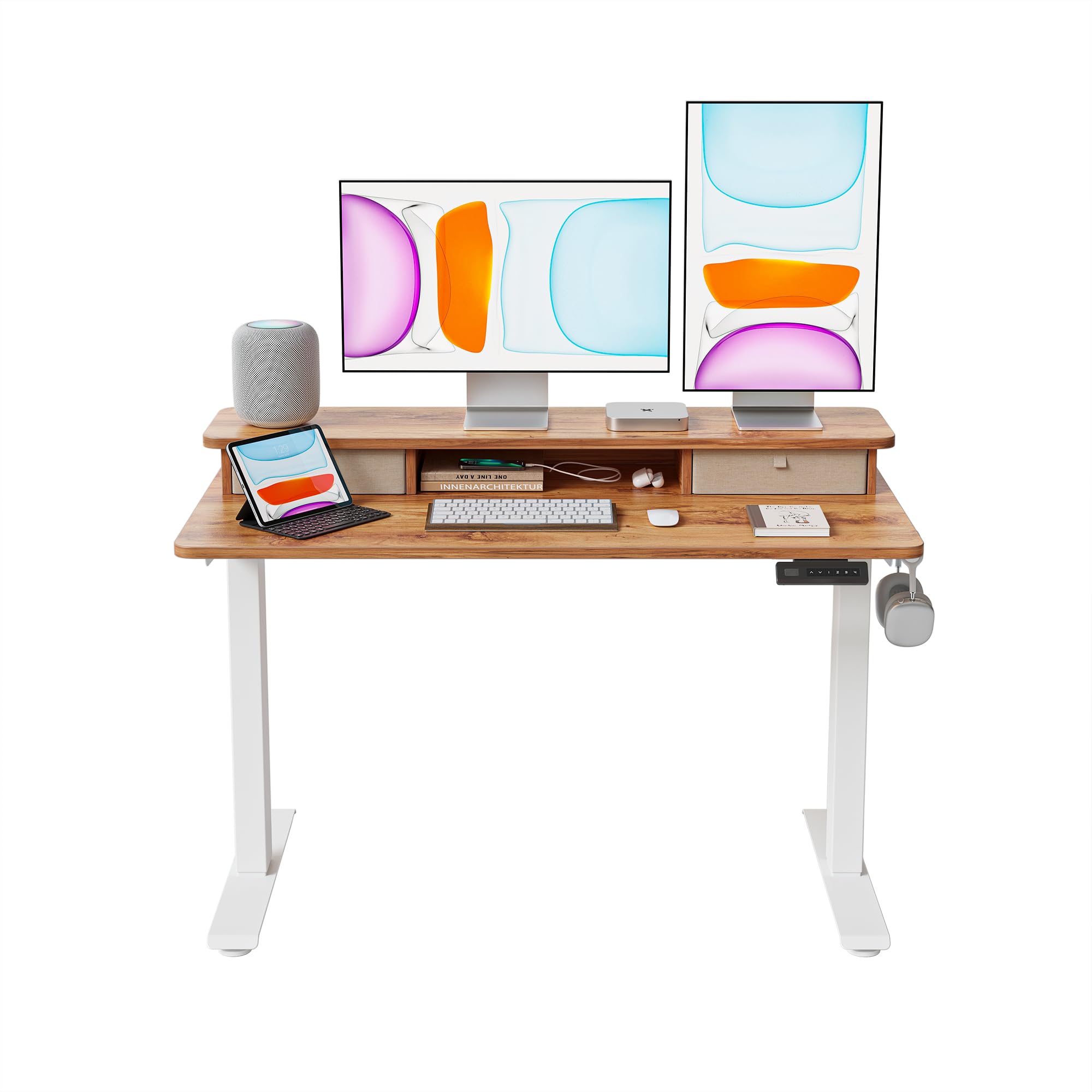 FEZIBO Electric Height Adjustable Standing Desk, 120x60cm, with Double Drawers and Storage Shelf, Light Rustic — image 1