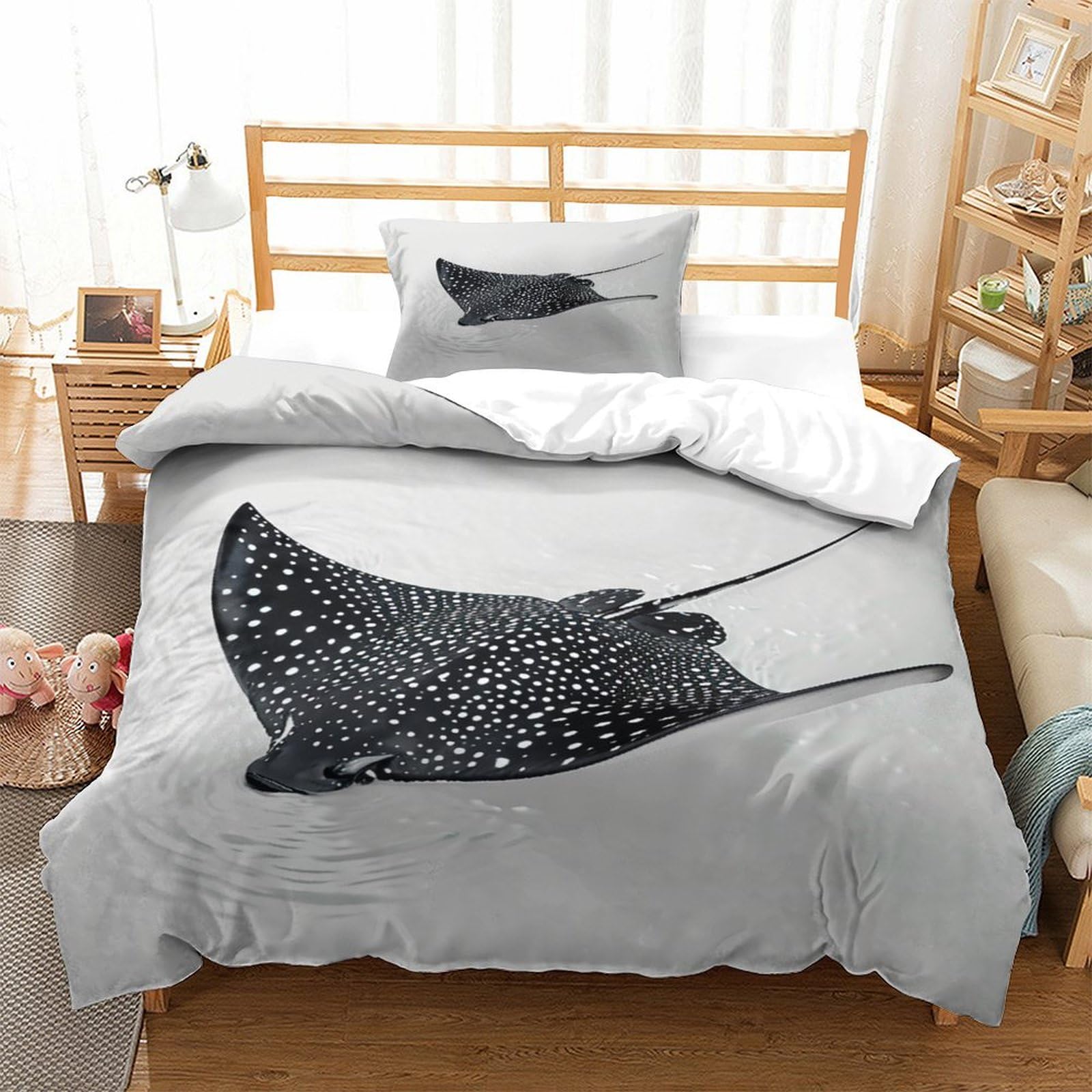 P1S9U7W5Y Modern Ocean Animal 3D Printed Manta Ray Duvet Cover Set 3 Pieces Microfiber Bedding Set Bedroom Decor for Adults Single（135x200cm）