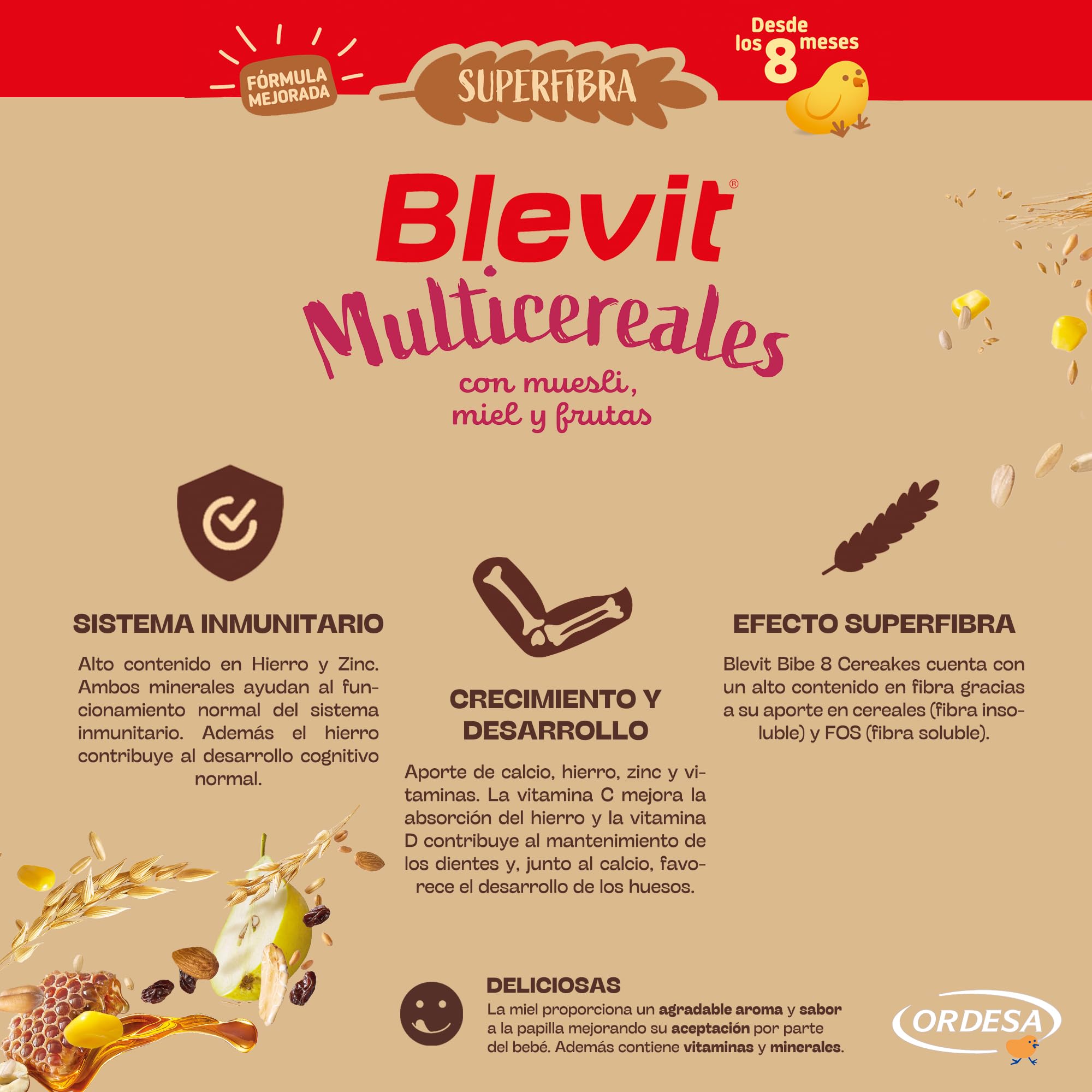 Blevit Superfibra Multicereales Papilla 8 Cereales con Muesli, Miel y Fruta 500g para Bebé 8 Meses