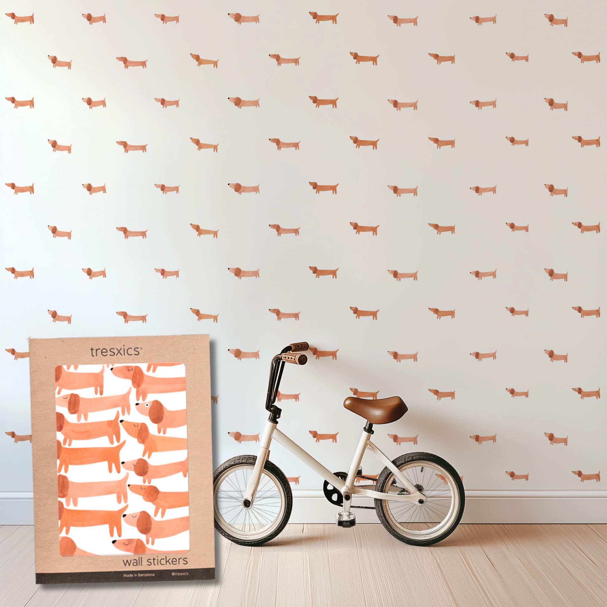 Pegatinas Pared Decorativas Infantiles Perro Teckel | 6 Láminas, 96 Perros Adhesivos | Vinilo Adhesivo Pared | Efecto Papel Pintado | Cubre 9 m² | TRESXICS (Marrón)