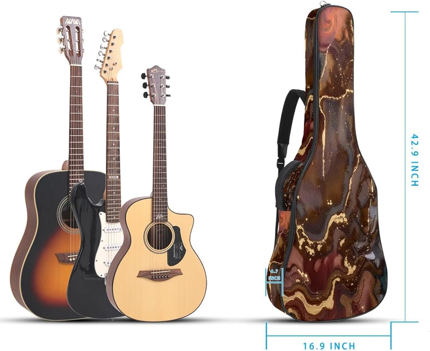 40/41/42-inch Marble Texture Acoustic Guitar Bag With Adjustable Shoulder Strap And 2 Storage Bags. Guitar Bag With Back Hanging Loop, Electric, and Classical Guitars