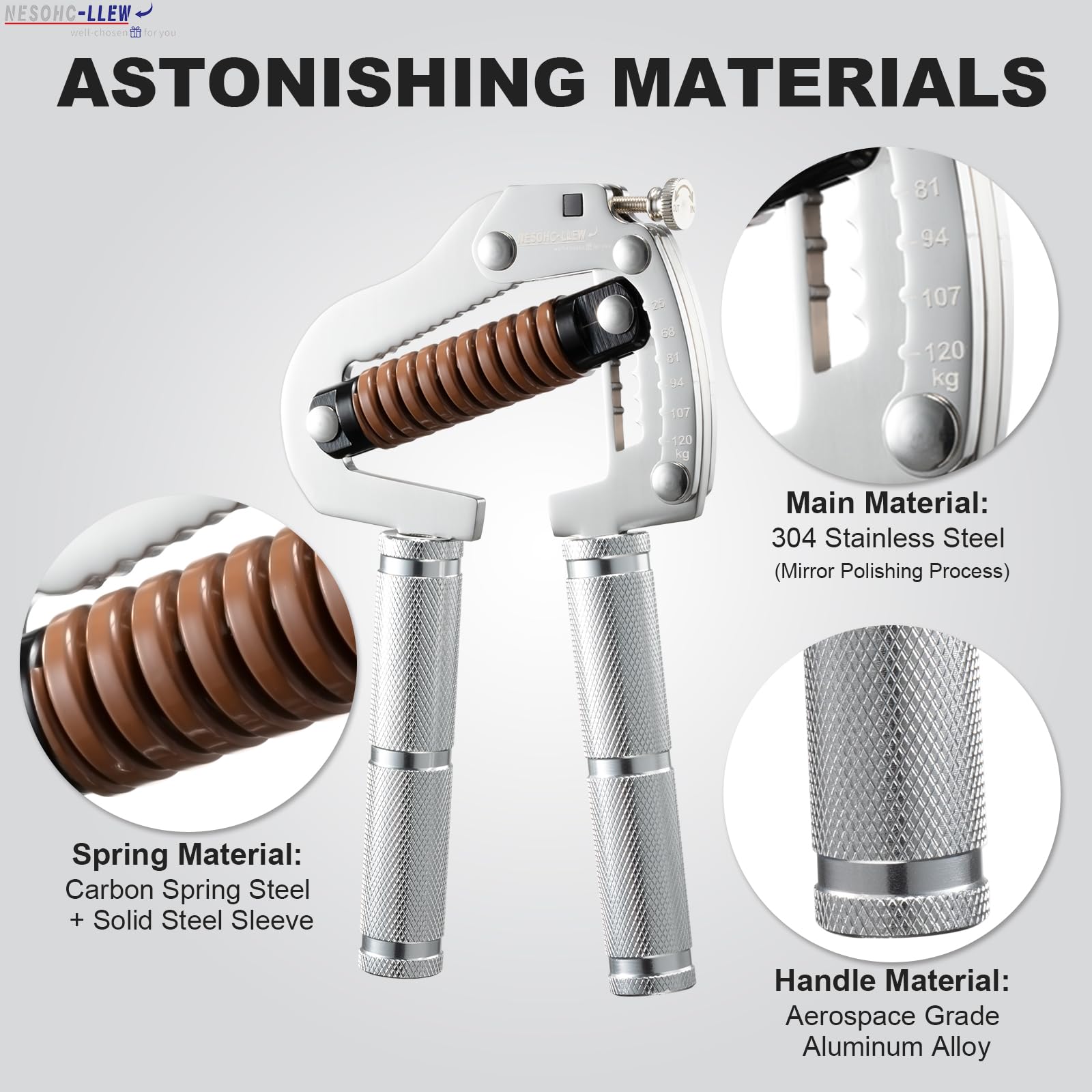 NESOHC-LLEW Adjustable Grip Strength Trainer: Premium 304 Stainless Steel Structure, Aerospace Grade Aluminum Alloy Handle, Grip Strength Adjustable Range 55-264 lbs