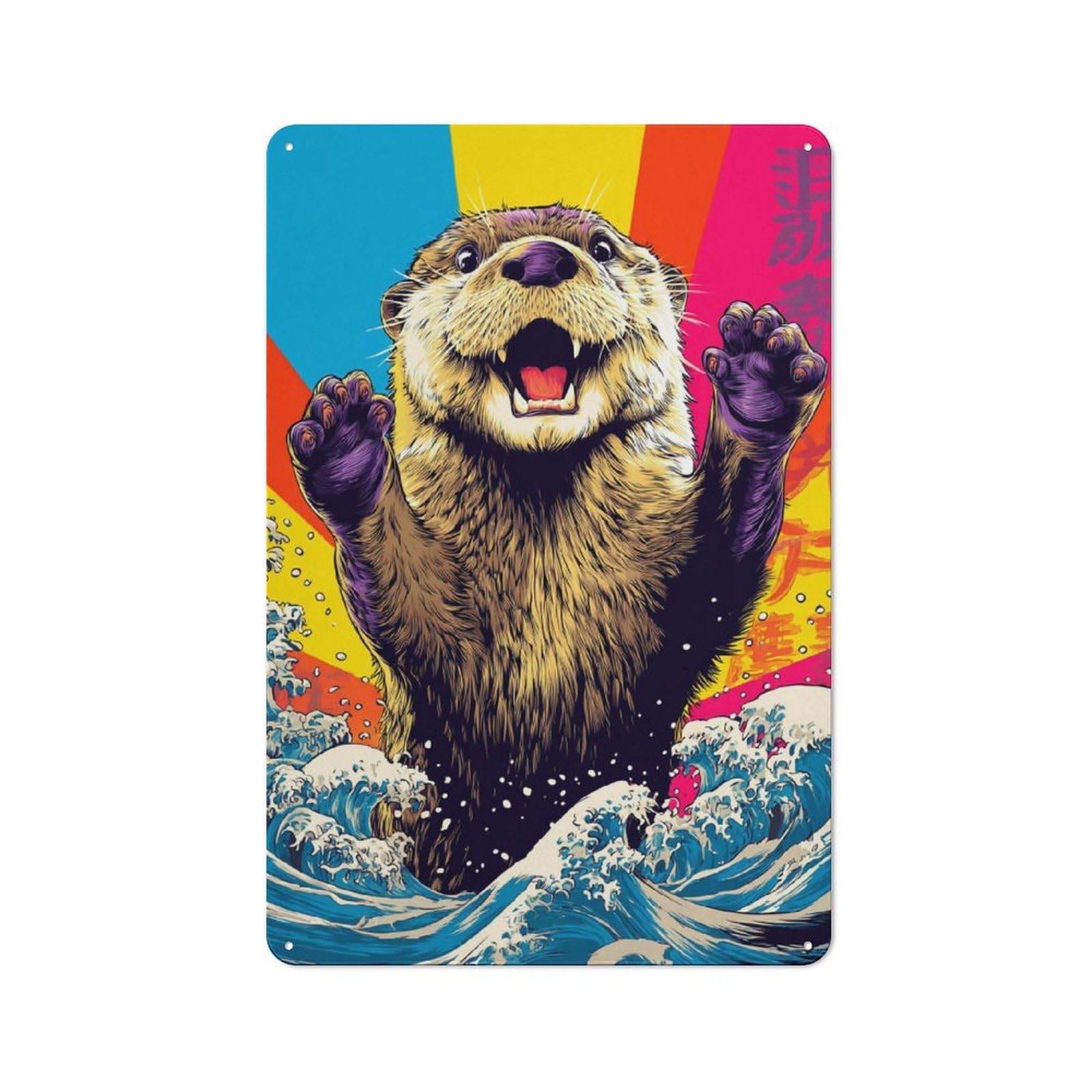 Junmoney Otter Surfing Waves Retro Metal Sign 30X20cm, Garage Style Shed Wall Plaque For Garage, Hobby Room, Office Or Man Cave