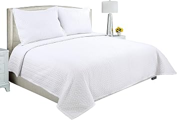 Marina Decoration Embroidered Stitching Coverlet Bedspread Ultra Soft Solid 2 Piece Summer Quilt Set with 1 Quilted Sham, White Herringbone Color Twin/Single Size