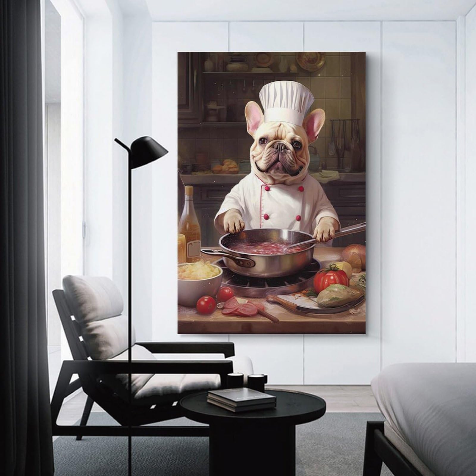 Junmoney Canvas Wall Art Cream French Bulldog Chef, 20x30inch(50x75cm), for Gallery Wall Decor And Room Displays, Decorative Artwork with Flexible Styling