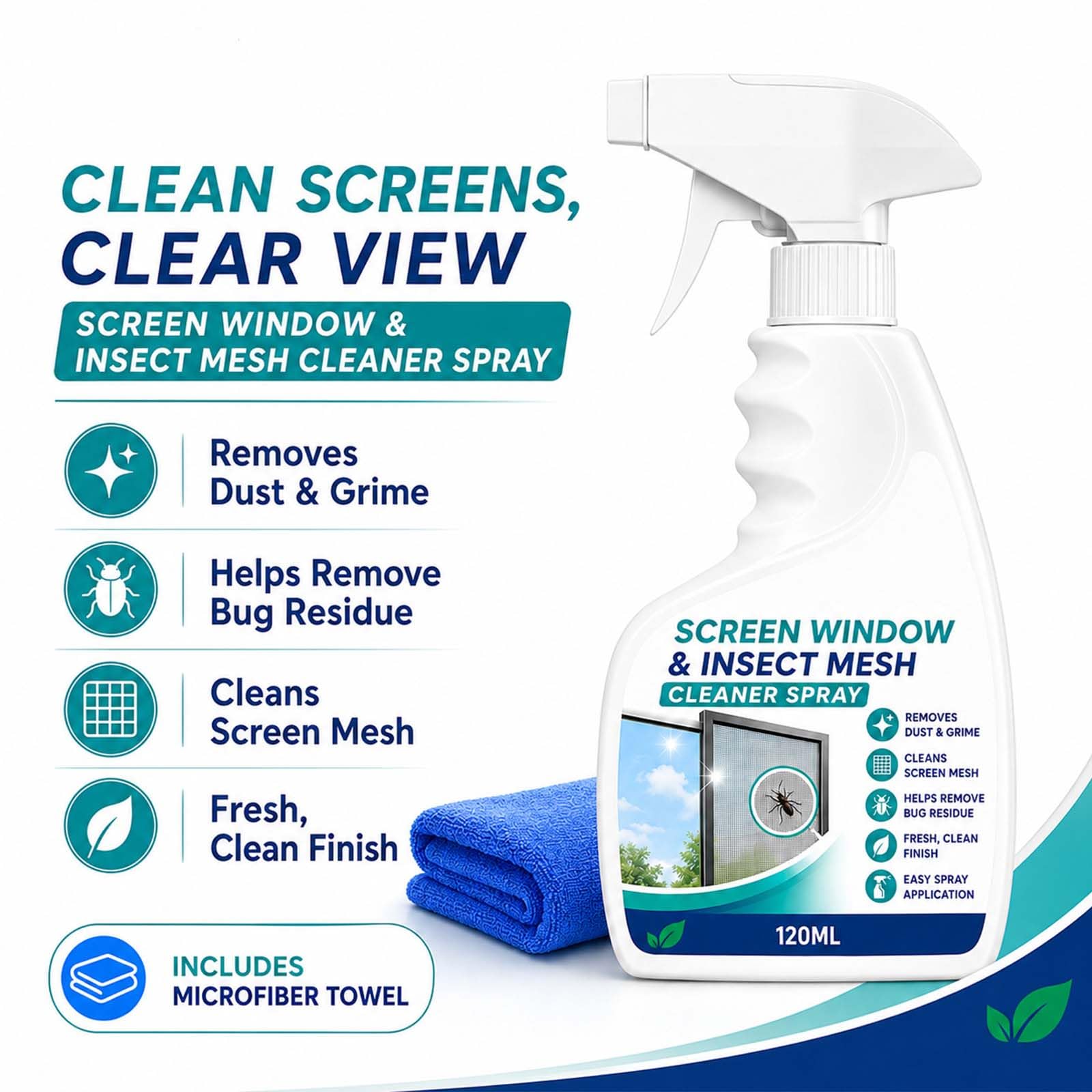 Spray Detergente Per Zanzariere E Reti, Kit Di Pulizia Per Zanzariere (2PC) | Detergente Per Zanzariere (A Rete) Con Panno Incluso; Rimuove Rapidamente Polvere E Residui Appiccicosi