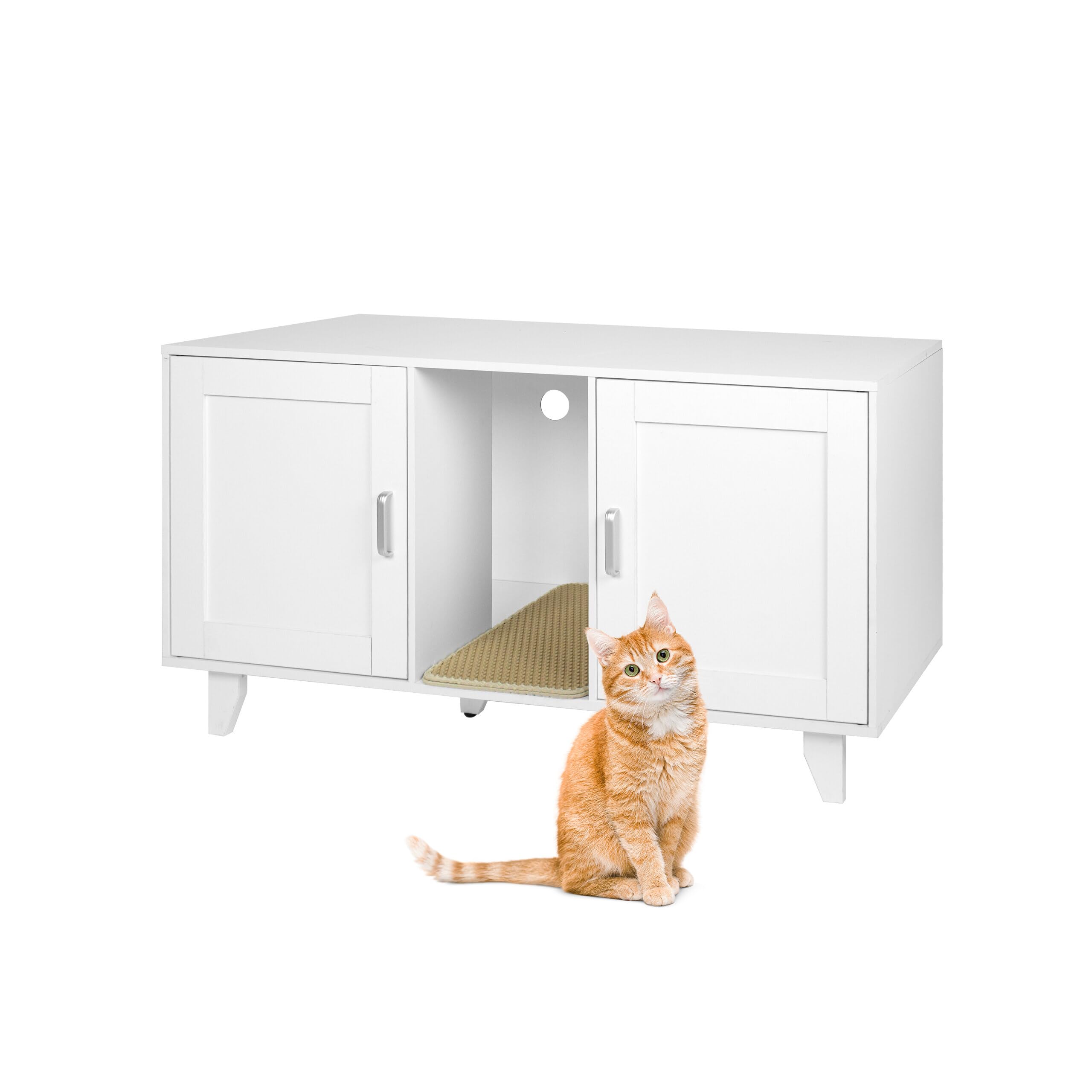 Relaxdays Cat Cabinet with 2 Compartments, Litter Mat, XXL White, 65x120x52 cm