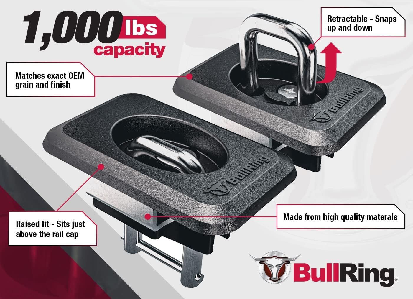Bull Ring Raised Fit Retractable Truck Tie Down Anchors, Fits 1998-2014 Ford F150, 1998-2016 Ford Super Duty, 1999-2013 Chevrolet Silverado, GMC Sierra & 1995-2018 Dodge RAM (2 Pairs)