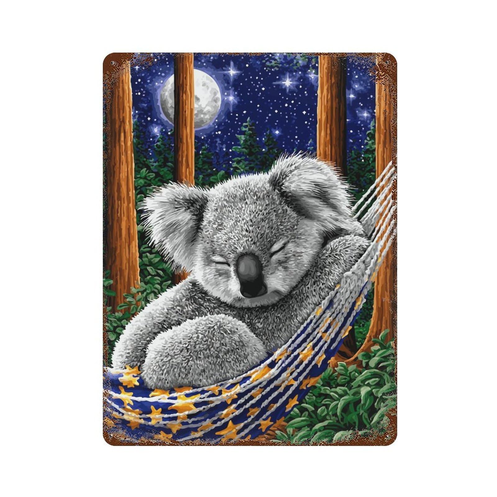Rust Effect Koala in Hammock Night Scene Rusty Metal Tin Sign 15.7"x11.8", Industrial Home Decor for Living Room, Hallway And Home Decor