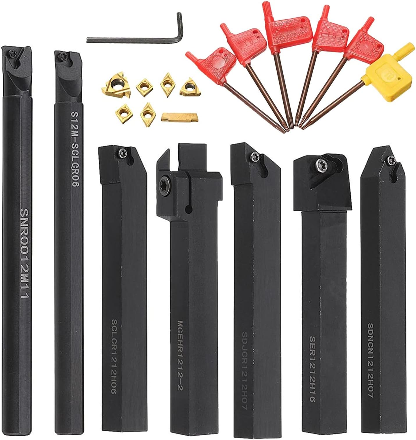 Lathe Turning Tool, 1/2" Shank 7 Pieces Carbide Lathe Threading Tools Set with Geometries Carbide Insert for Lathe Machine Turning Grooving Threading Milling Reaming Boring