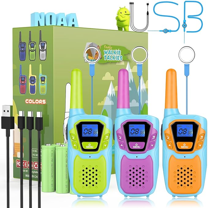 Kids Walkie Talkies 3 Pack NOAA Walkie-Talkies for Adults Rechargeable Long Range 2 Way Radios for Family Camping Hiking Skiing Cruise Ship, Toys for 3-12+ Year Old Girls Boys Toddlers