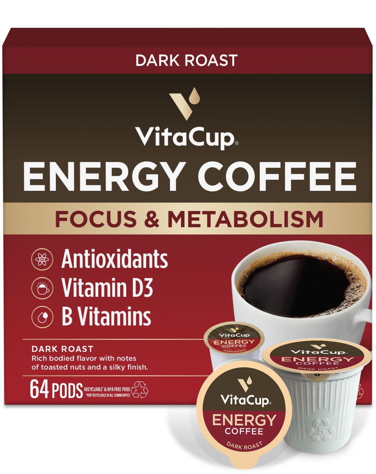 VitaCup Energy Dark Roast Coffee Pods, Boost Focus & Metabolism, Antioxidants, B Vitamins, Bold & Smooth,100% Arabica Coffee, Recyclable Single Serve Pod Compatible with Keurig K-Cup Brewers,64 Ct