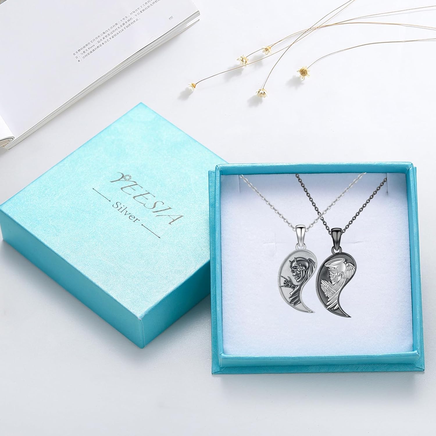 Yin Yang Necklaces 925 Sterling Silver Friendship Sun Moon/Mountain/Dolphin/Tree of Life/Flower/Wings Pendant Necklace Moonstone Abalone Opal Jewelry for Women Men Couples - Image 7