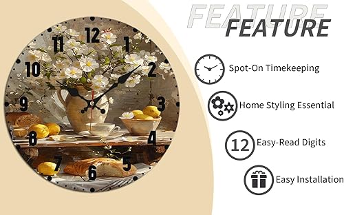 Miniatura 9 de Floral Still Life Wooden Wall Clock with Black Numerals for Kitchen Decor 25x25cm