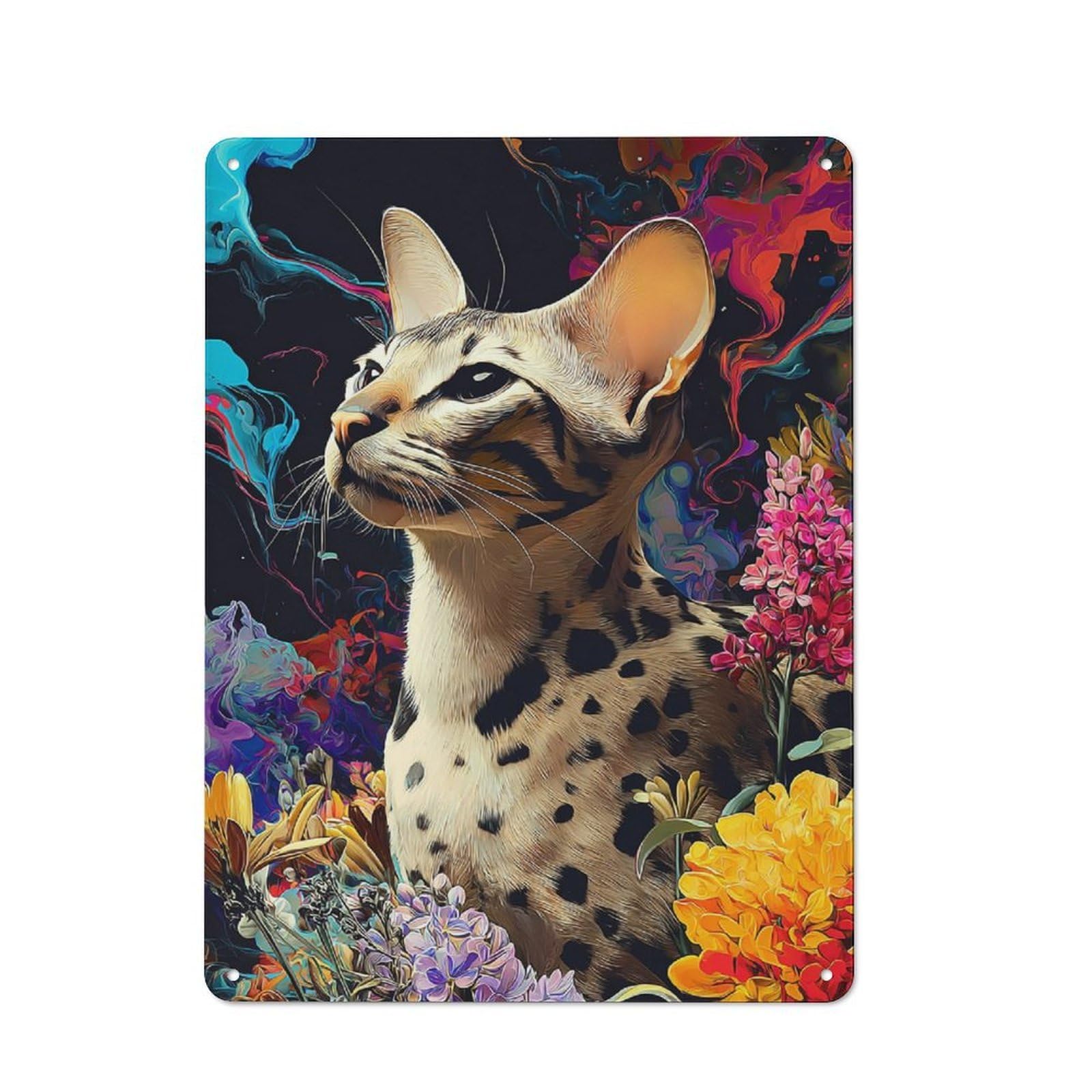 Junmoney Colorful Cat Amidst Flowers Retro Tin Wall Plaque 40X30cm For Garage Or Workshop, A Metal Wall Feature For Garages And Tool Rooms
