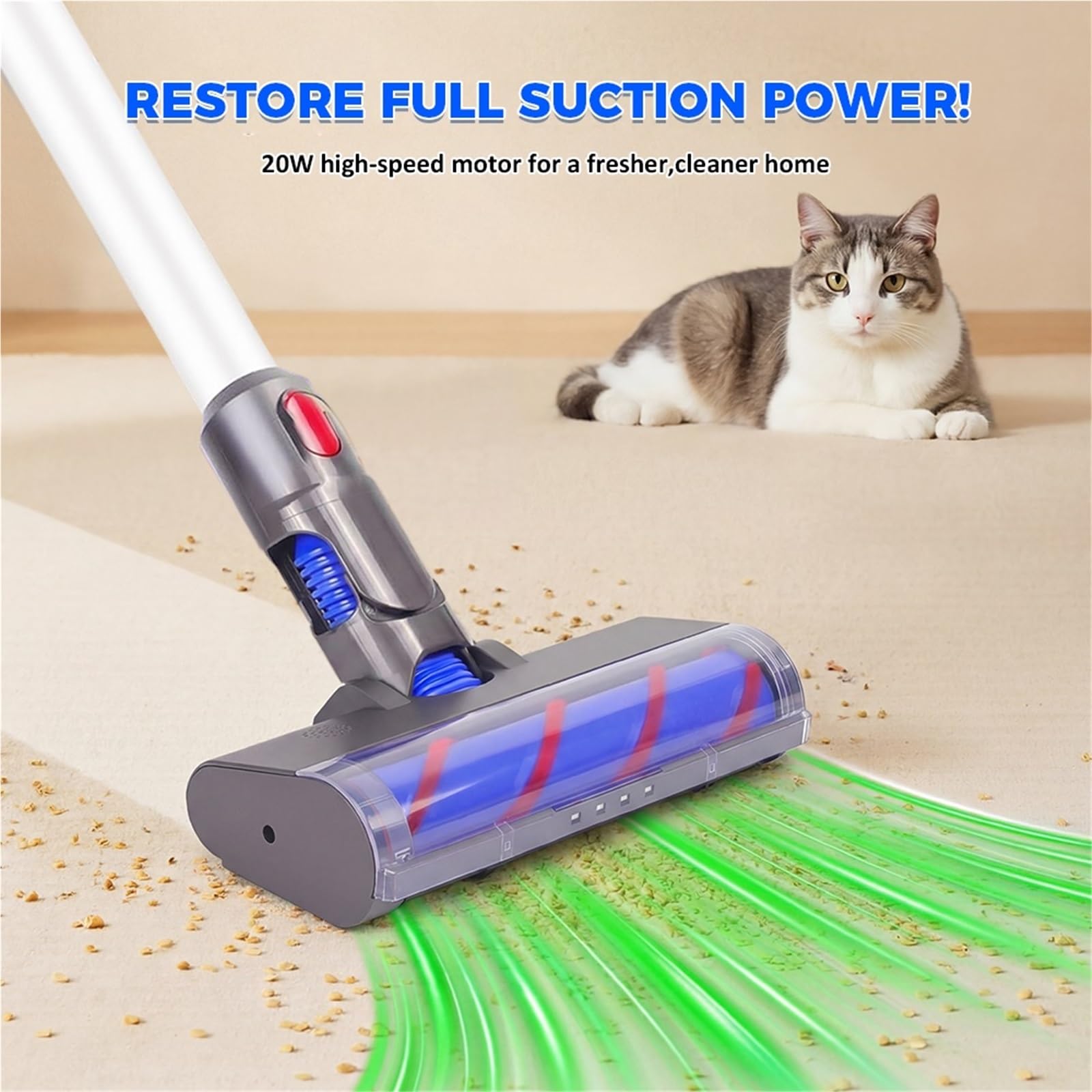 Rodillo barredor suave con cabezal limpiador de accionamiento directo al vacío, Compatible con Dyson V7 V8 V10 V11 V15