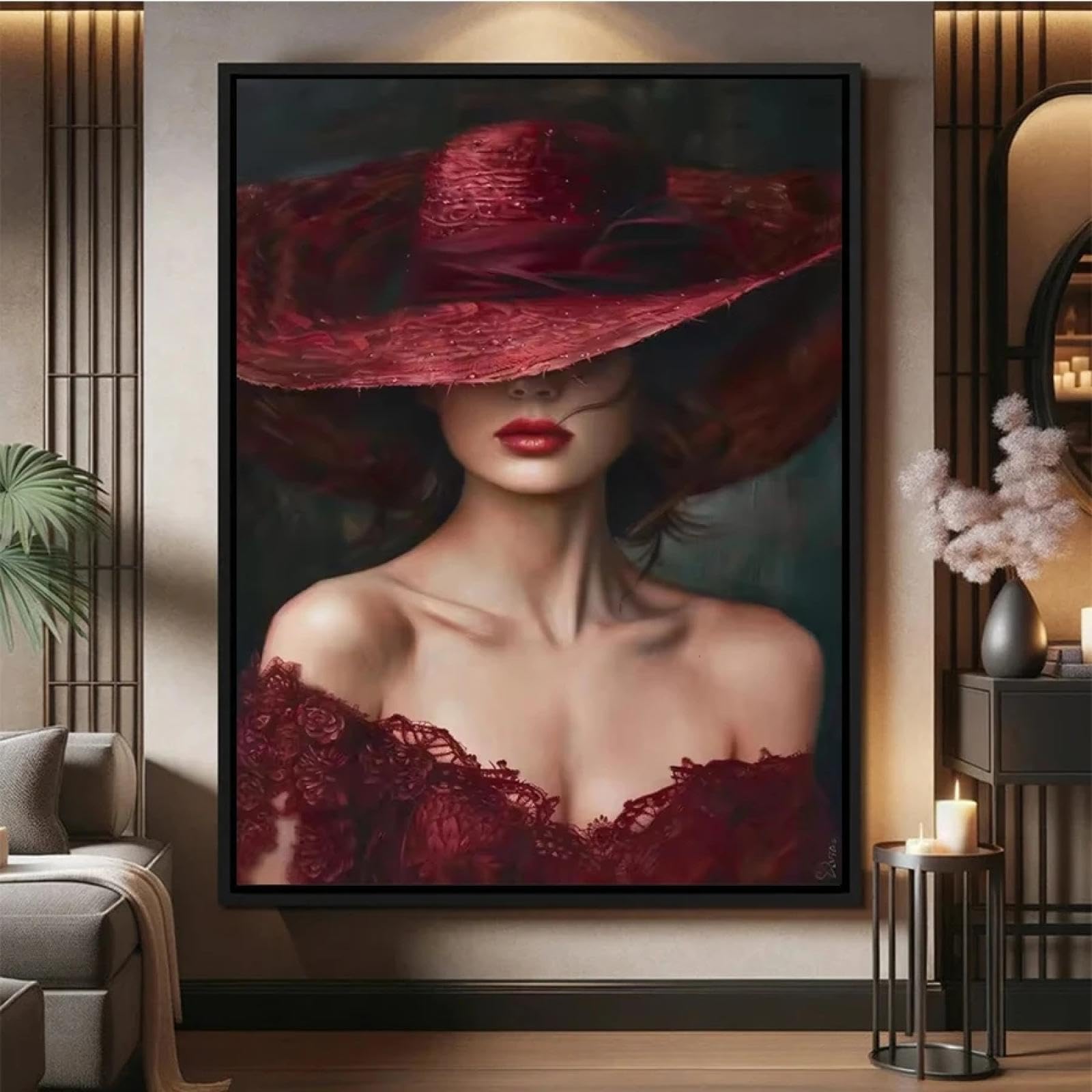 BMGKYAGL Arte moderno, vestido rojo, sombrero para mujer, cruz, carteles famosos, bellas imágenes, arte, pintura, decoración, marco de 80 x 120 cm