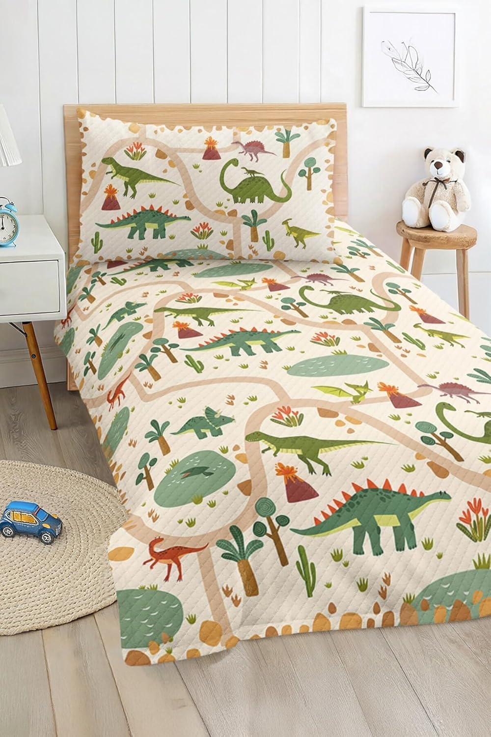 SODEF Bedding Set Dinosaur Pattern Green and Beige Kids Room Quilt Set Bedspread Coverlet Lightweight Cotton Polyester Blend Twin Size - Multicolor, One Size