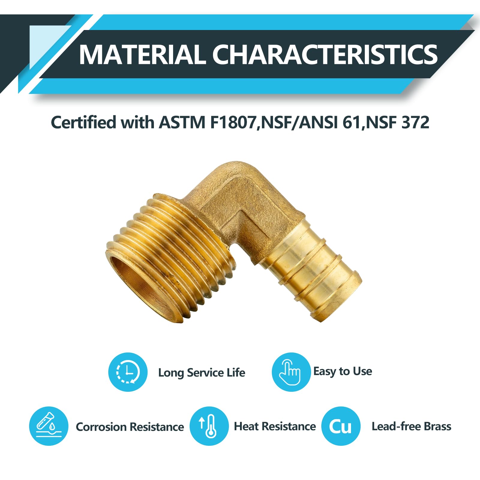 ASTM F1807 - Confezione da 10 raccordi PEX, 1/2" x 3/4" maschio filettato NPT a gomito, raccordi a crimpare in ottone, per tubi PEX idraulici