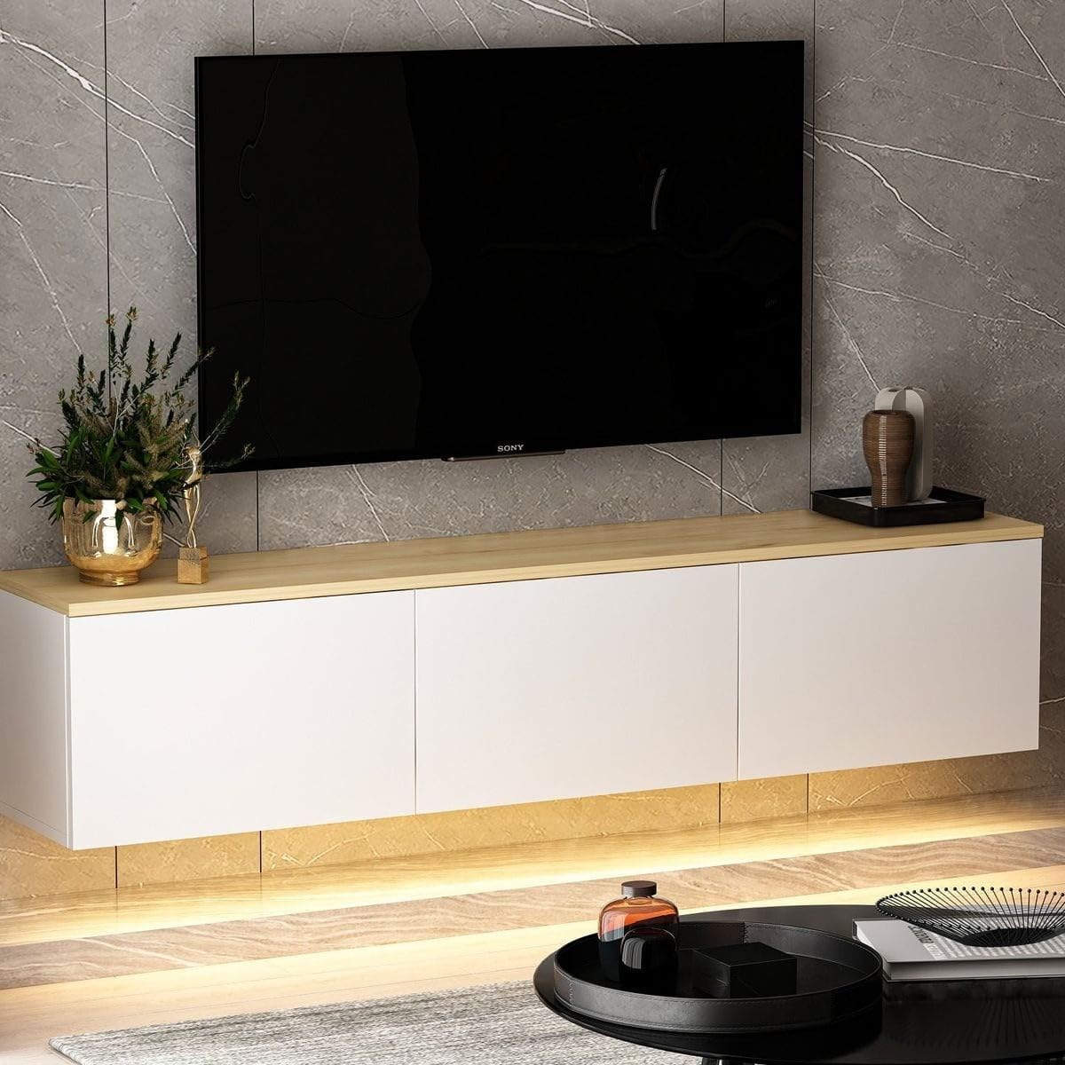 HOMIFAB Meuble TV LED Suspendu 3 Portes Blanc & Effet Chêne 160 cm - Eira