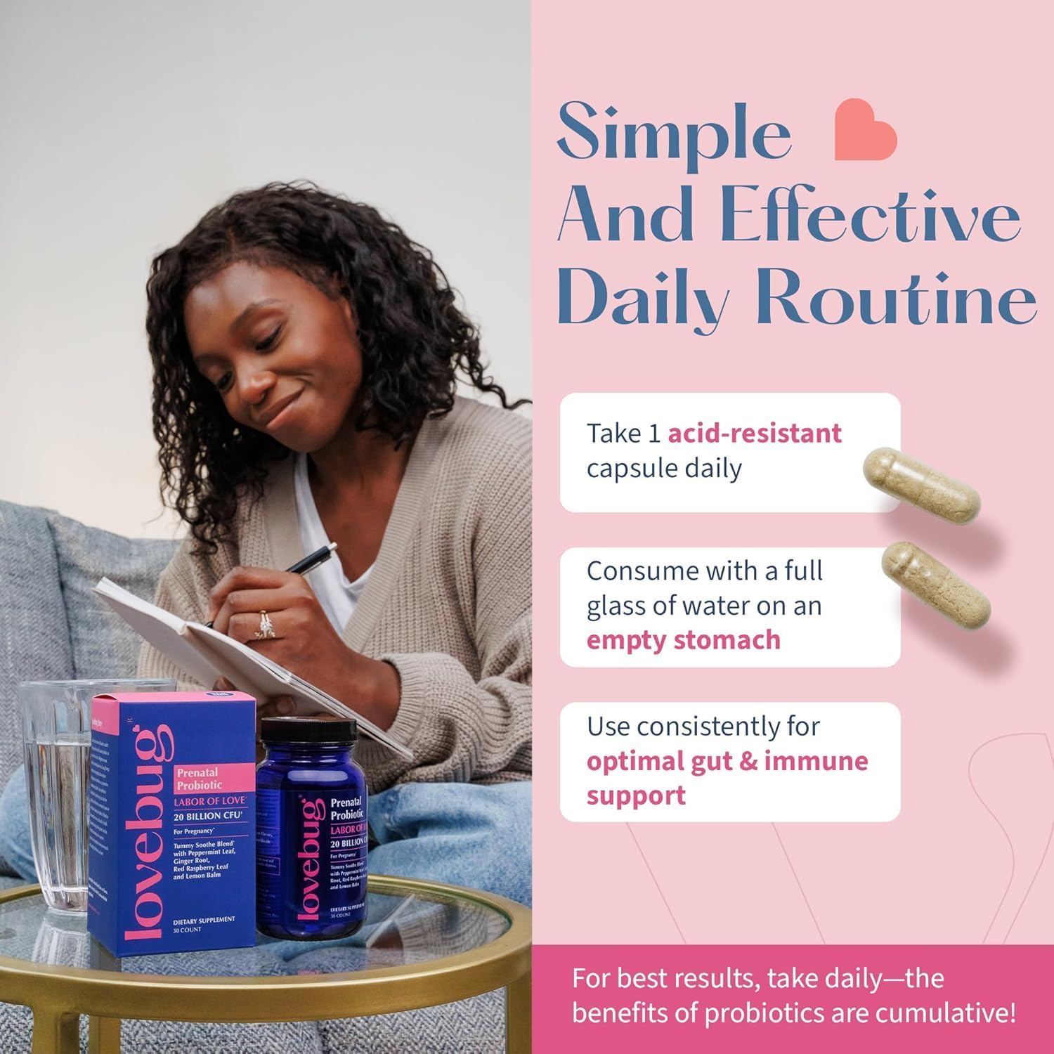 LOVEBUG Prenatal Probiotic Supplement - 7 Probiotics & Prenatal Vitamins for Women, 20 Billion CFU, with Soothing Peppermint, Ginger, Raspberry Leaf and Lemon Balm. 60 Capsules - Image 5