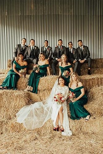 Miniatura 3 de Vestidos de dama de honor de sirena con hombros descubiertos para boda, vestidos de noche formales de satén, vestido de fiesta ajustado con cola