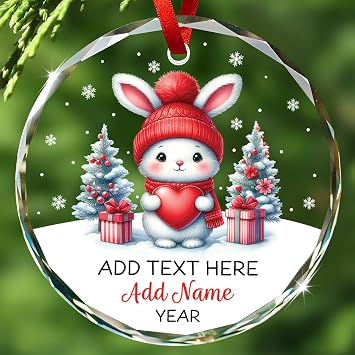 Custom Bunny Christmas Glass Ornament, Personalized Bunny Ornament with Name, Rabbit Ornaments 2026, Animal Lovers Presents, Rabbit Xmas Decoration for Tree, Gift for Children Boy Girl