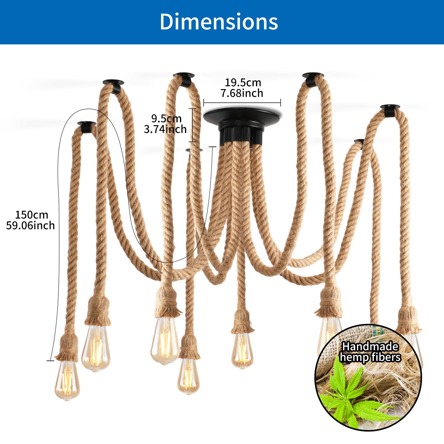 ANWIO Lamparas de Cuerda Techo,Lampara Rustica Techo E27, Cuerda Lampara Techo con 8 Bases, Lampara Industrial Ideal para Dormitorio, Comedor, Restaurante, Bar, Cafetería(Sin Bombillas)