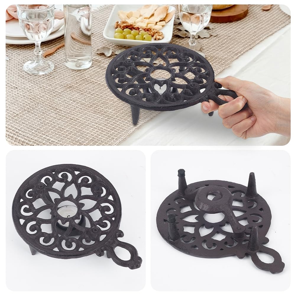 AHANDMAKER Tetera de hierro fundido, tazas, tazas, posavasos de forma redonda, diseño con portavelas de tealight, tetera de metal rústico, base de calefacción para comida caliente, café, leche o té