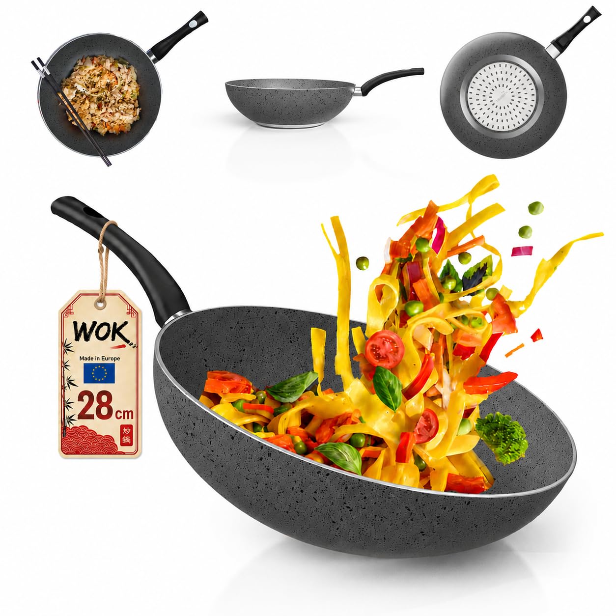 TEHORNEO Wok Induction, Wok, 28 cm Aluminium Antiadhésif Sans Pfas, Poele Wok, Poele Wok Induction, Woks et Poêles à frire, Wok 28 cm, Compatible avec Induction, Vitro, Gaz et Électriques