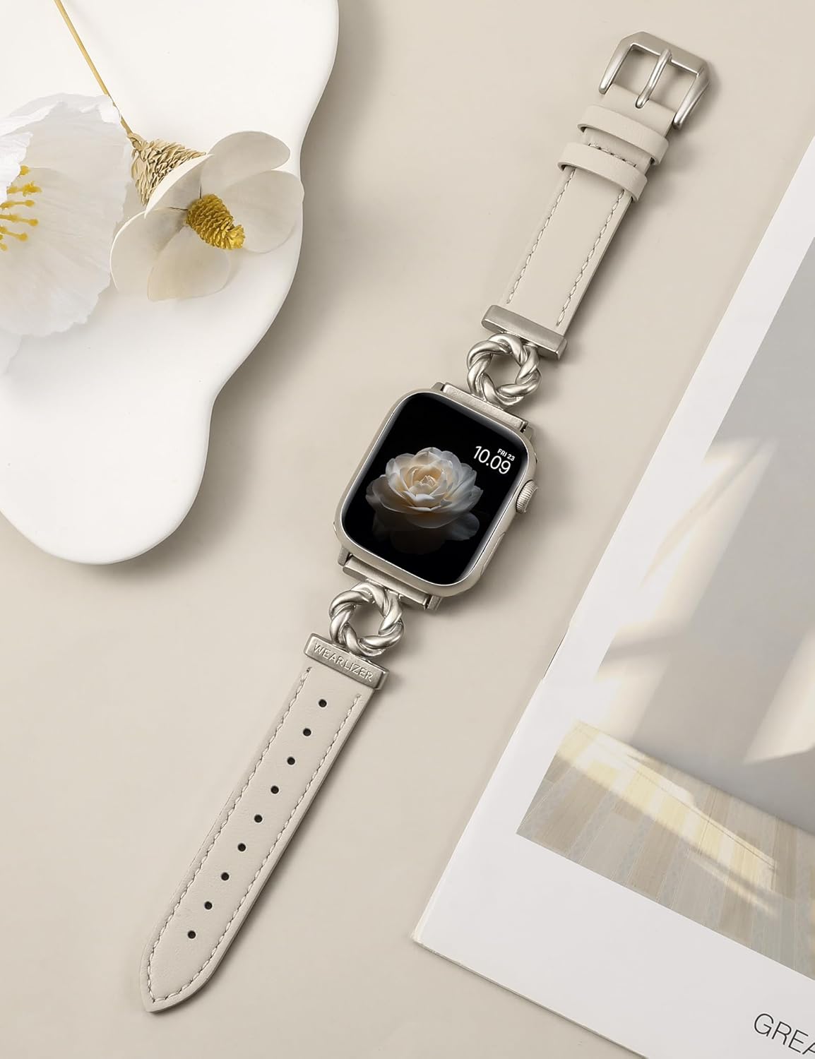 Wearlizer Leather Band Compatible with Apple Watch Bands Women 38/40/41/42/44/45/46/49mm, Dressy Fancy Camellia Flowers Buckle Strap for iWatch iWatch Series 11 10 9 8 7 6 5 4 3 SE/Ultra 3 2 1 - Image 3