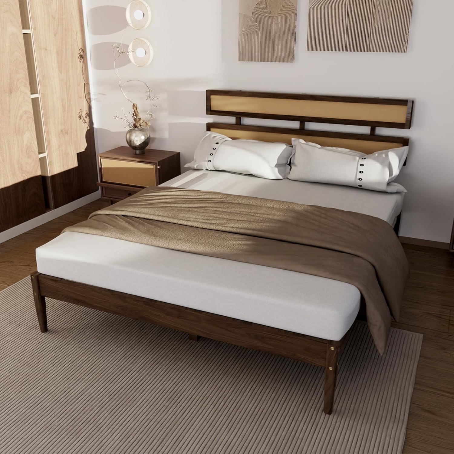 Karl home Bohemia Wood Bed Frame, Queen Size Platform Bed with Rattan Slatted Headboard, Mid-Century Retro Style, Noise-Free Slat Support, No Box Spring Needed, for Bedroom, Guestroom, Walnut Brown